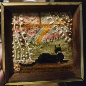 Small Handcrafted Cat Tapestry Art in Wooden Frame